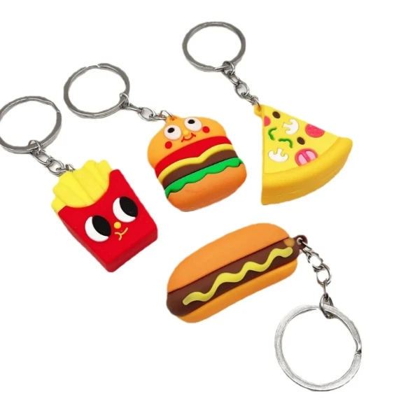 trendy creative simulation food key chains: pvc soft glue burger, fries, pizza, hot dog toys for gift