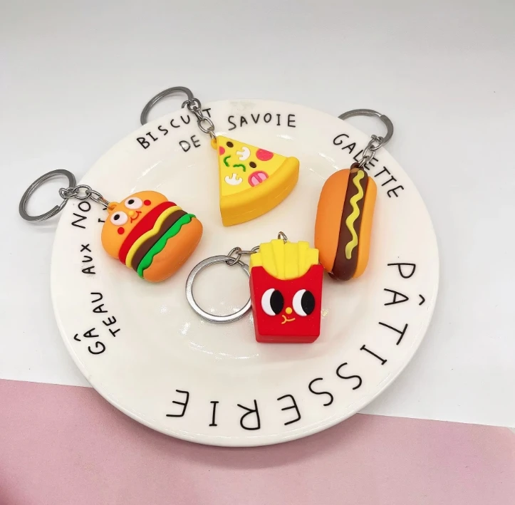 trendy creative simulation food key chains: pvc soft glue burger, fries, pizza, hot dog toys for gift