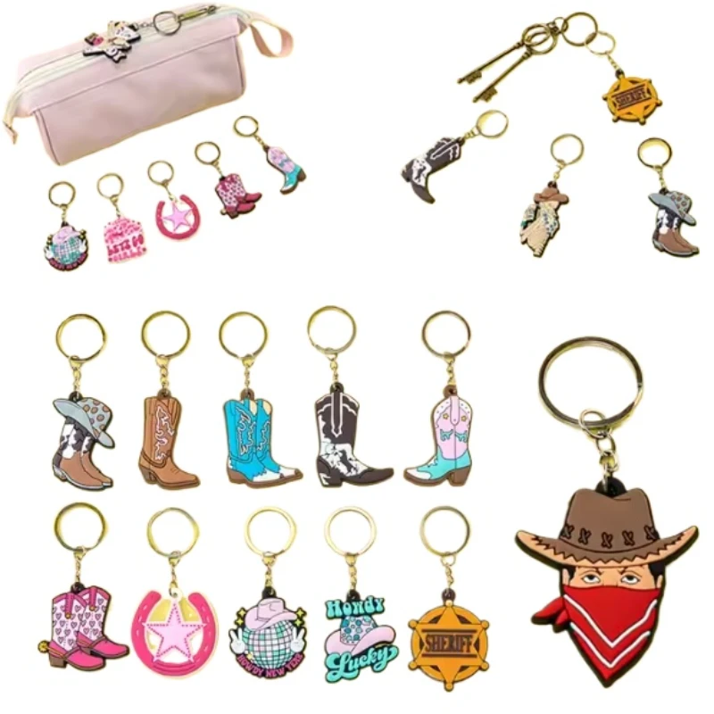 wholesale 2d cowboy rubber keyrings personalized colorful hats,boots keychains